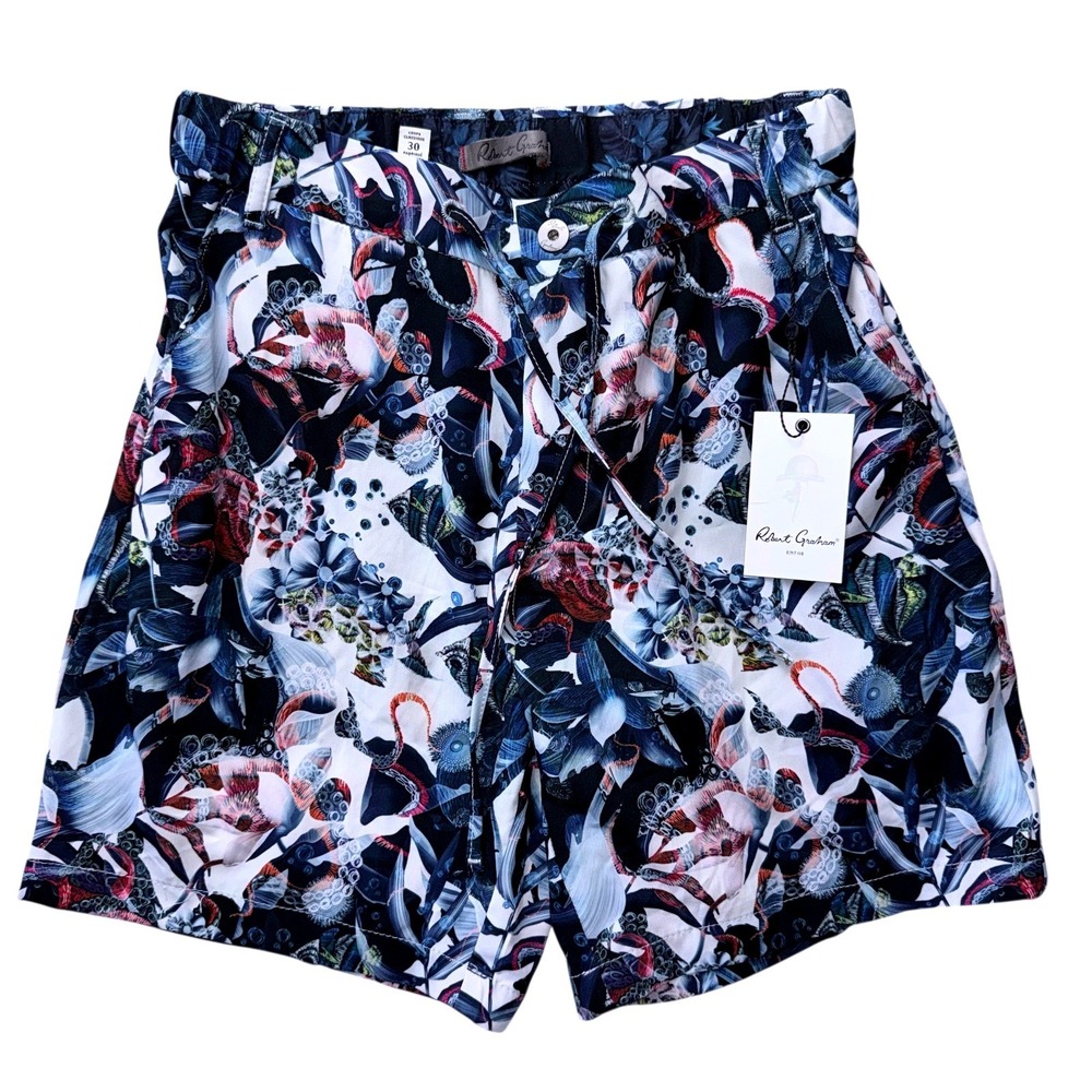 Robert Graham Mens Size 30 Black Blue Geo Unlined Board Shorts Classic‎ Fit NWT